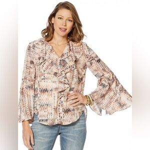 CURATIONS Abstract Print Ruffle Bell Sleeve Blouse